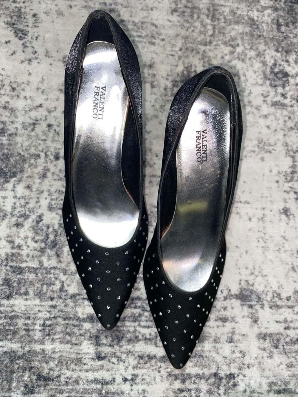 Valenti Franco Rhinestone Studded Black Satin Pointed Toe Pumps